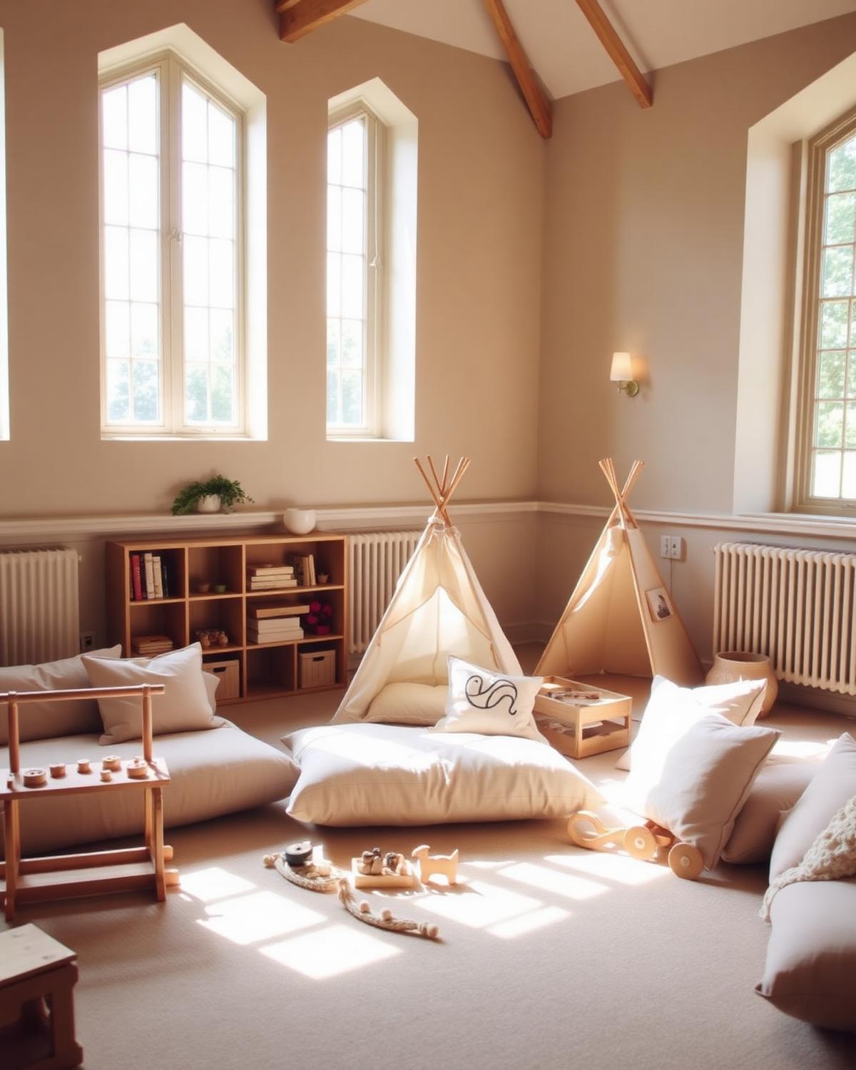 Curated play area with teepees, wooden toys and linen cushions at an elegant wedding venue