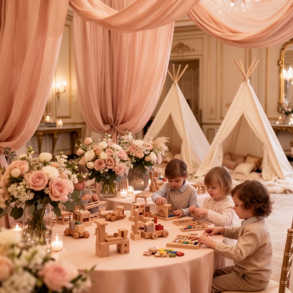 Elegant childcare space at a wedding with children playing and crafts on a beautifully decorated table