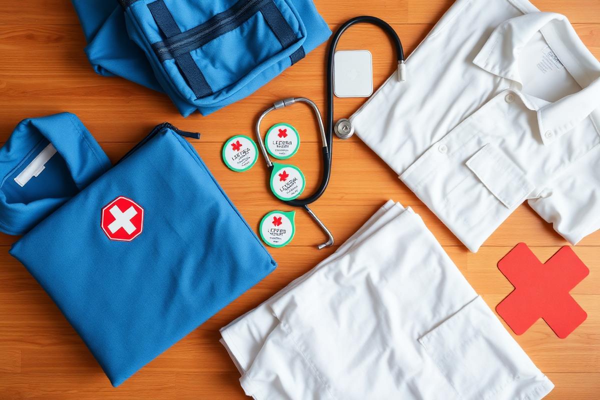 Pediatric first aid kit, stethoscope and uniforms arranged on a wooden table